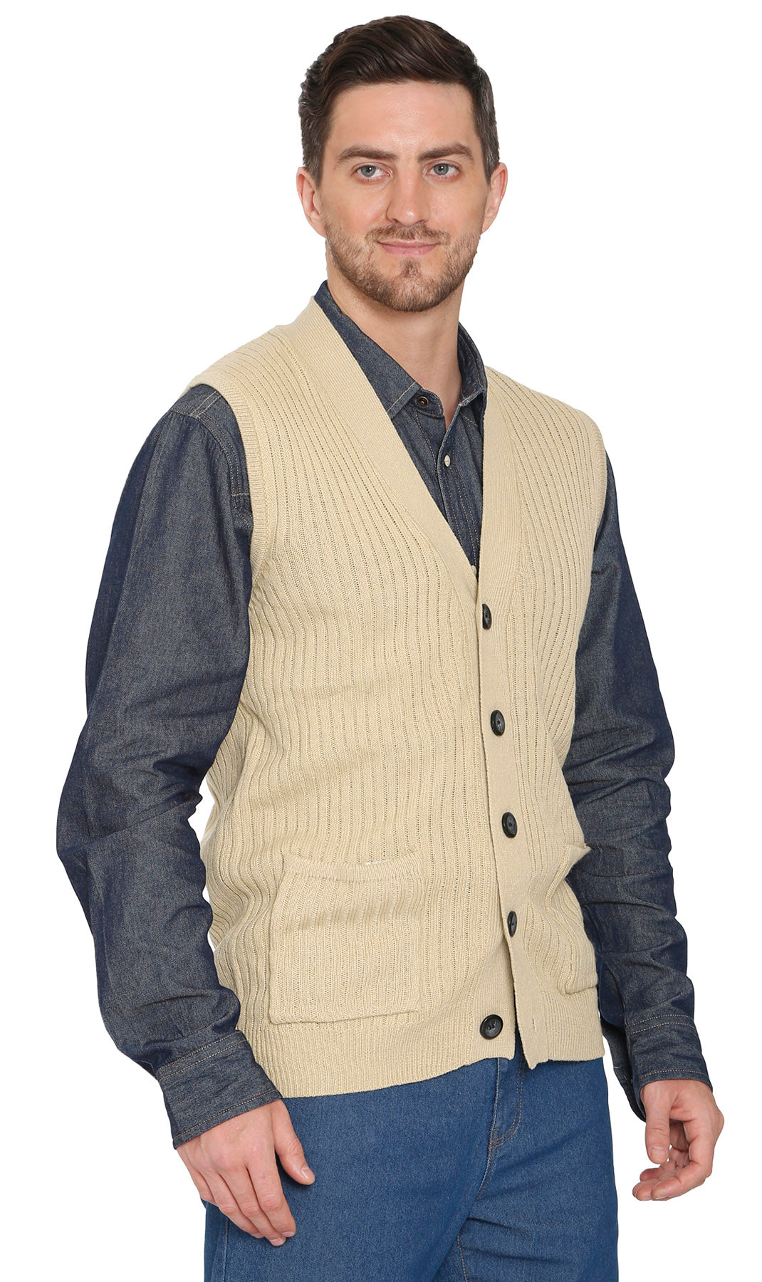 Men's Button Front Rib Knit Sweater Vest with Pockets