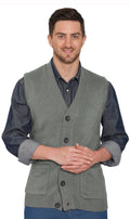 Men wearing a green button-front flat knit sweater vest with patch pockets over a collared shirt.