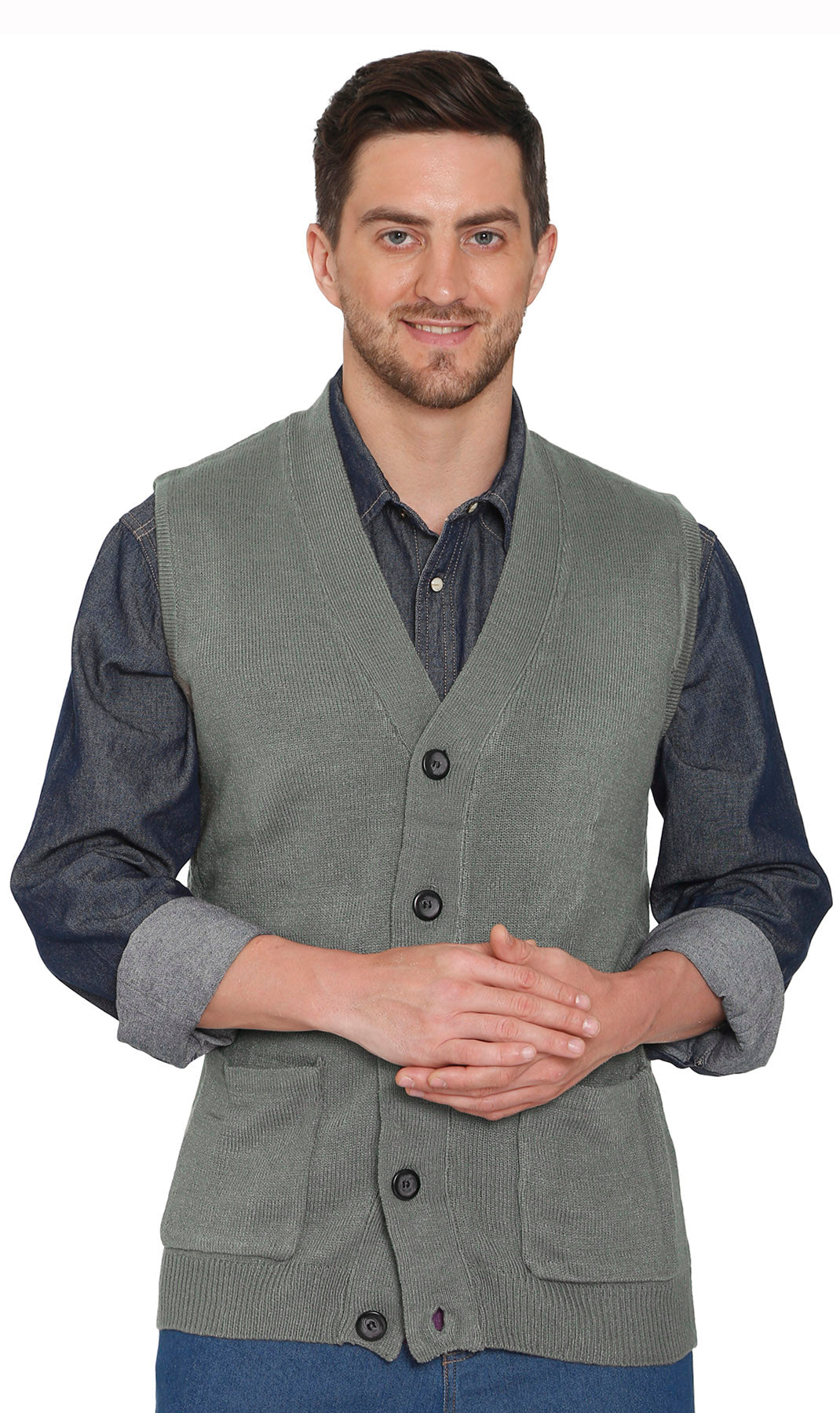 Men wearing a green button-front flat knit sweater vest with patch pockets over a collared shirt.