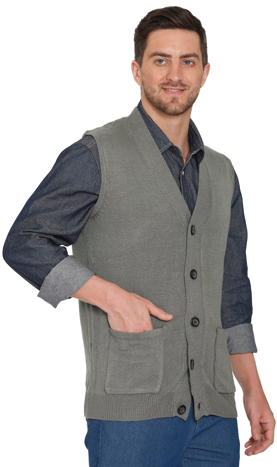 Men's Button Front Knit Sweater Vest with Chest Pockets