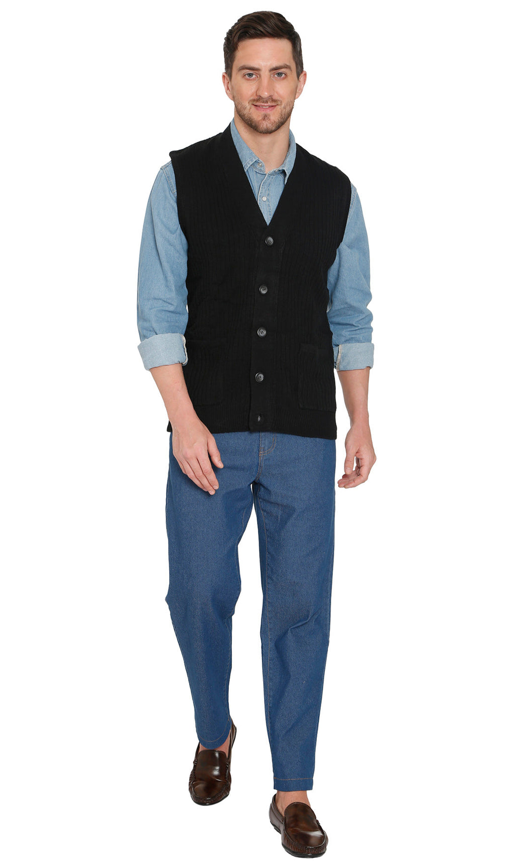 Men's Button Front Knit Sweater Vest with Chest Pockets
