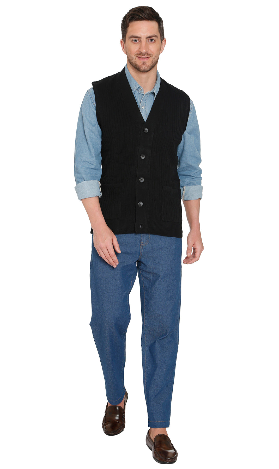 Men's Button Front Knit Sweater Vest with Chest Pockets
