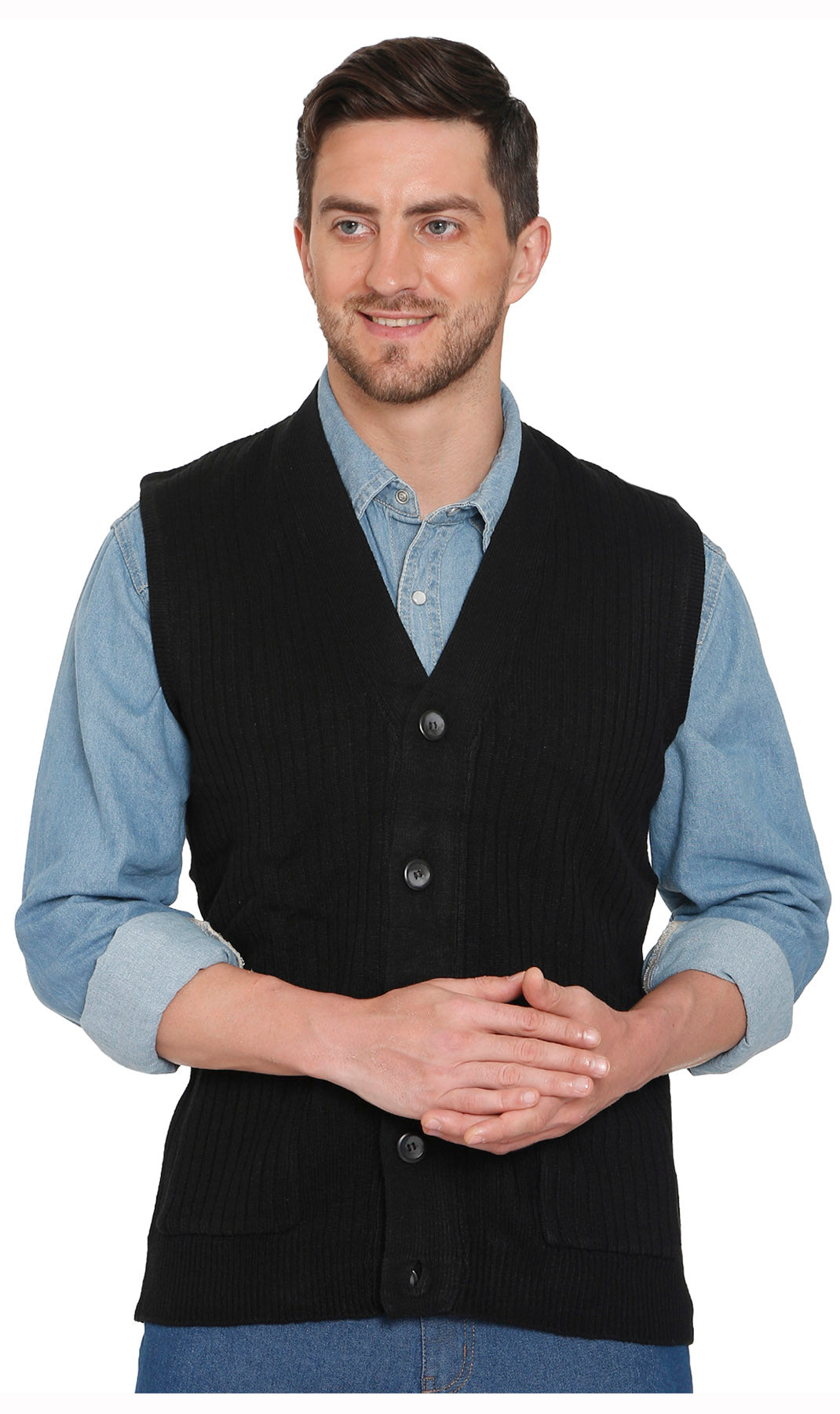 Men's Button Front Knit Sweater Vest with Chest Pockets