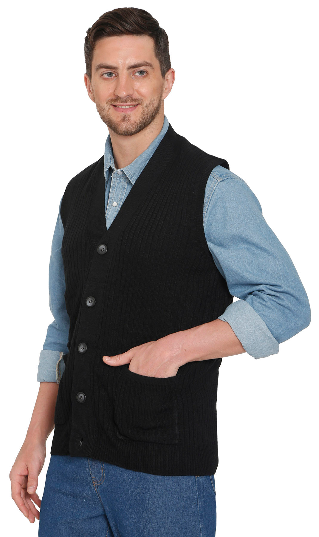 Men's Button Front Knit Sweater Vest with Chest Pockets