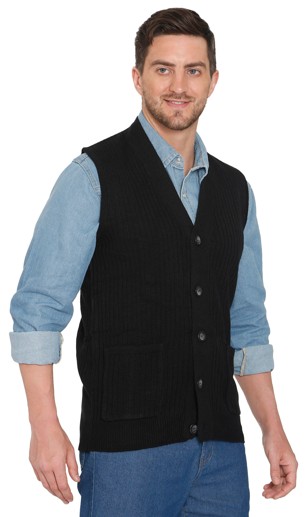 Men's Button Front Knit Sweater Vest with Chest Pockets