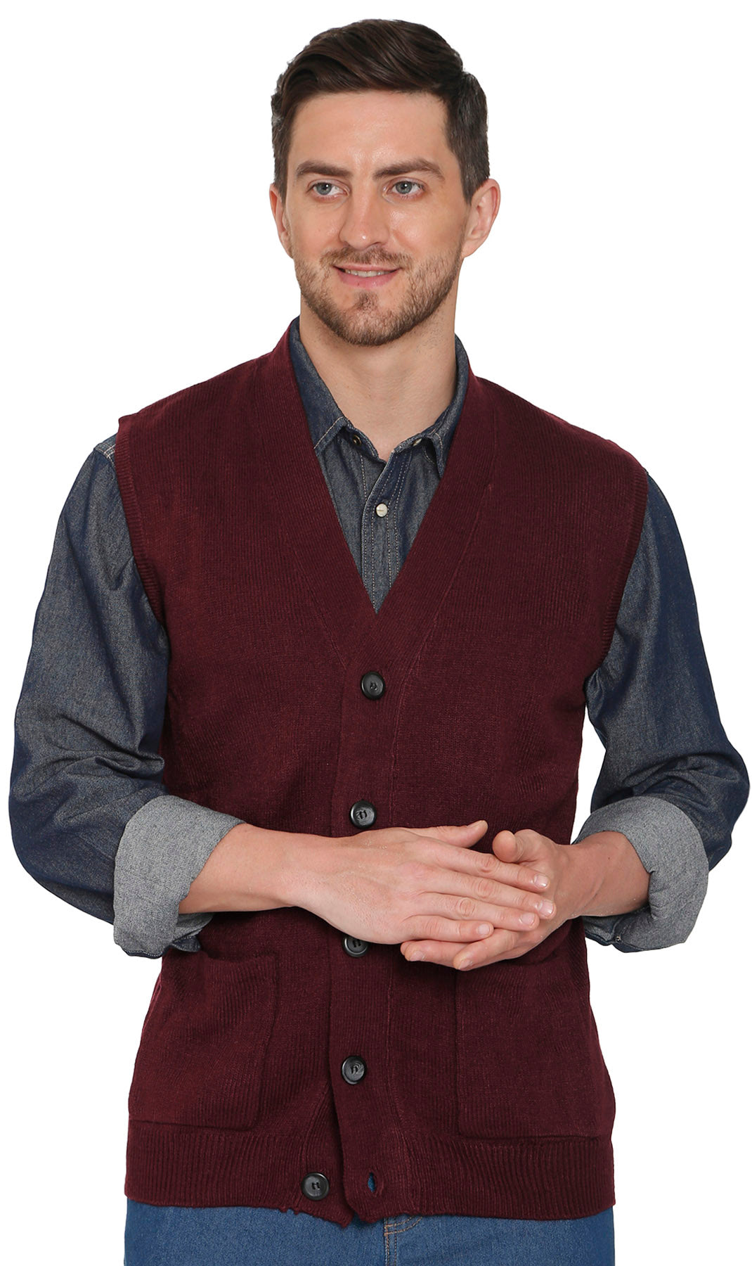 Men's Button Front Knit Sweater Vest with Chest Pockets
