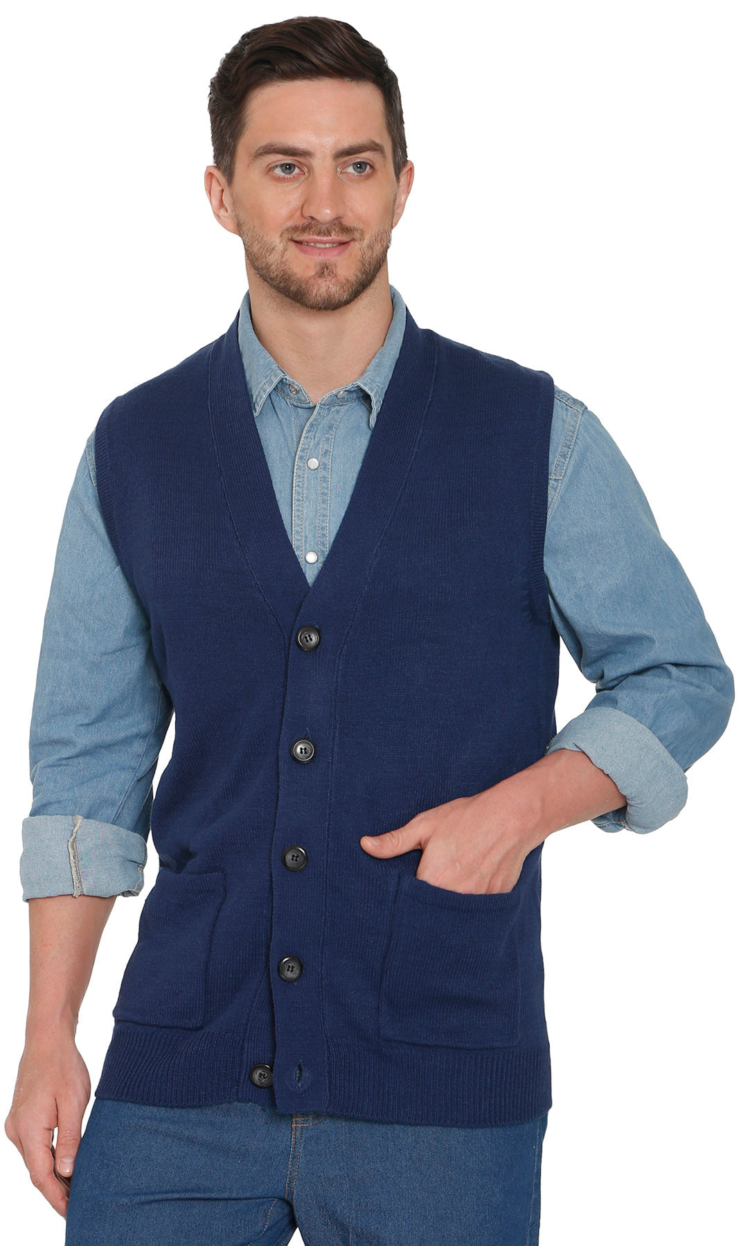 Men's Button Front Knit Sweater Vest with Chest Pockets