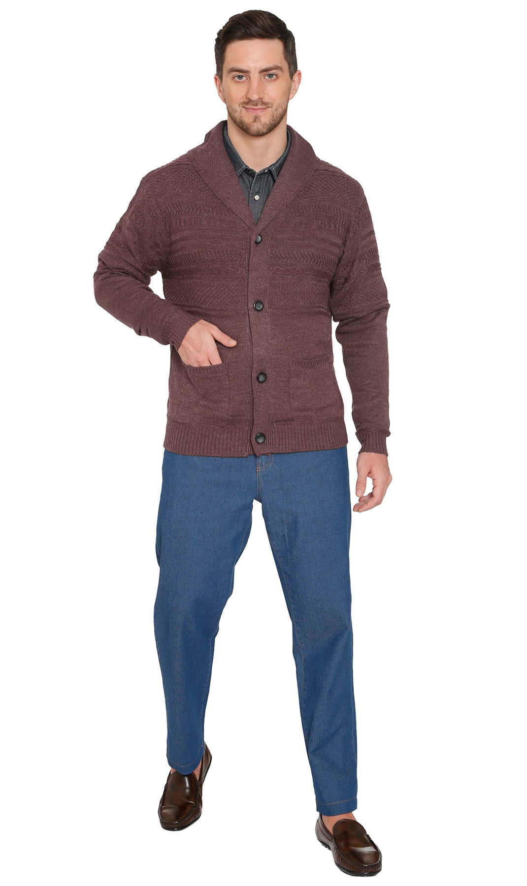 Men's Jacquard Knit Shawl Collar Cardigan in Burgundy or Charcoal