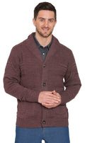 Men's jacquard knit shawl collar cardigan in burgundy, featuring an open front and relaxed fit.