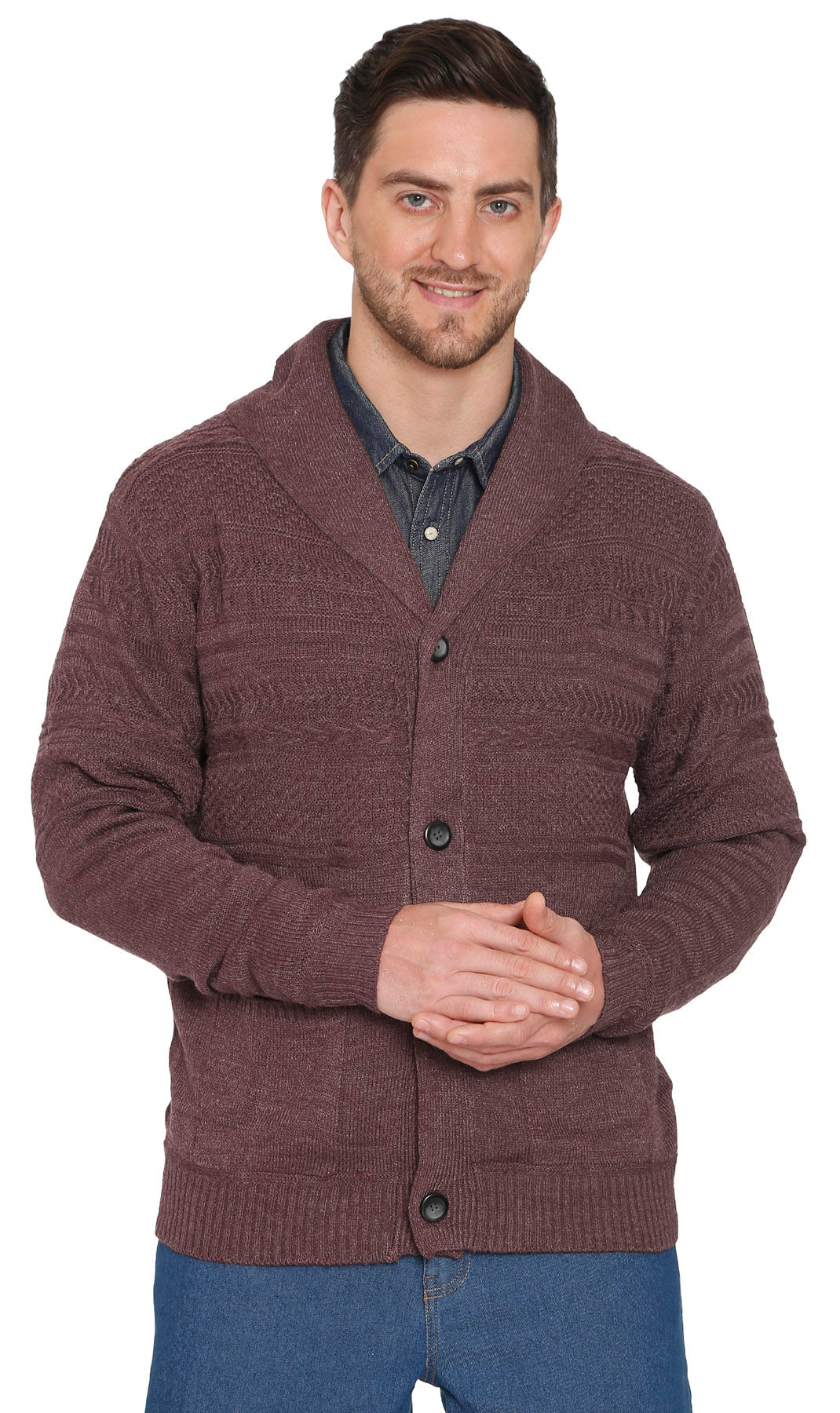 Men's jacquard knit shawl collar cardigan in burgundy, featuring an open front and relaxed fit.