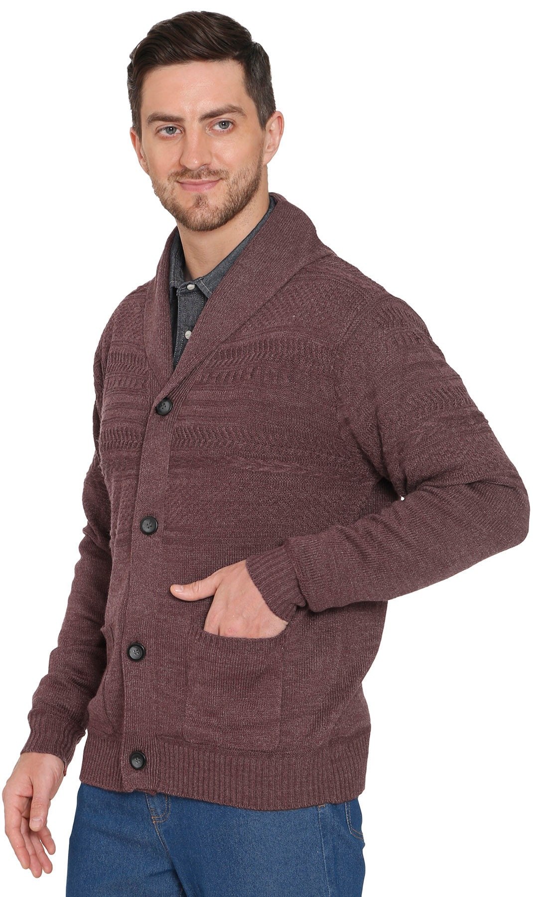 Men's Jacquard Knit Shawl Collar Cardigan in Burgundy or Charcoal