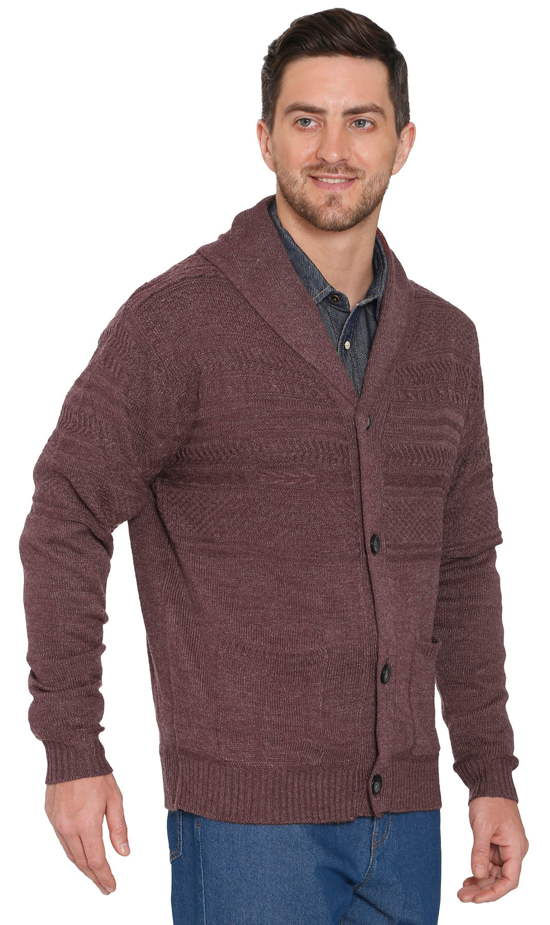Men's Jacquard Knit Shawl Collar Cardigan in Burgundy or Charcoal