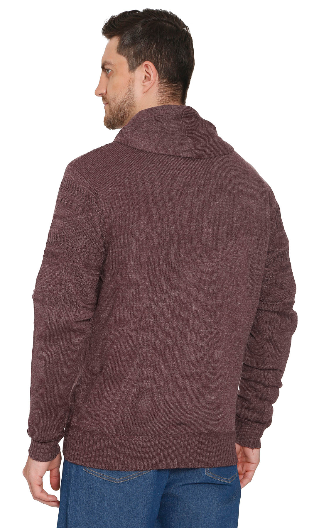 Men's Jacquard Knit Shawl Collar Cardigan in Burgundy or Charcoal
