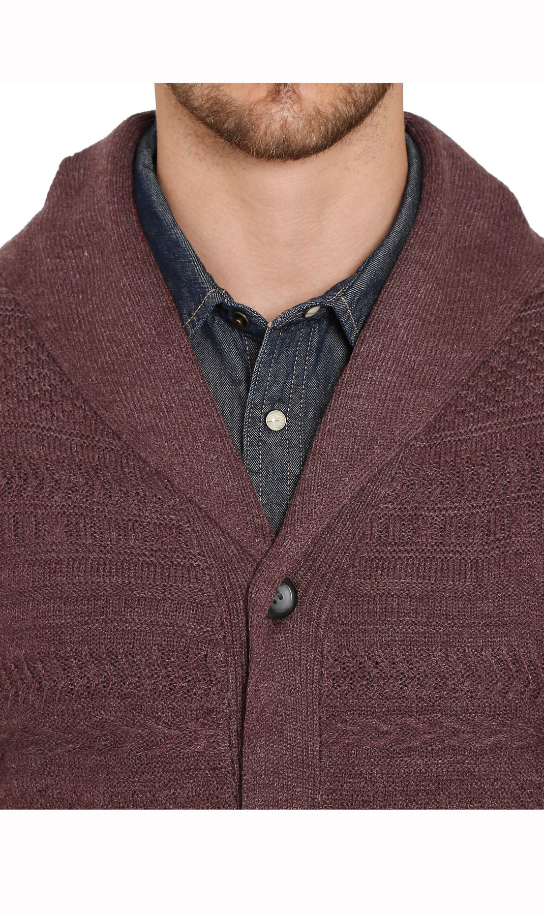 Men's Jacquard Knit Shawl Collar Cardigan in Burgundy or Charcoal