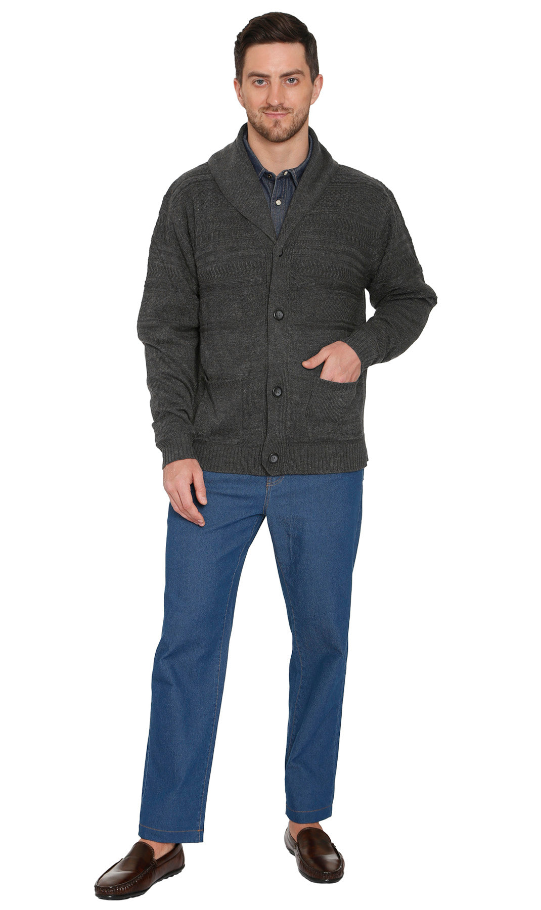 Men's Jacquard Knit Shawl Collar Cardigan in Burgundy or Charcoal