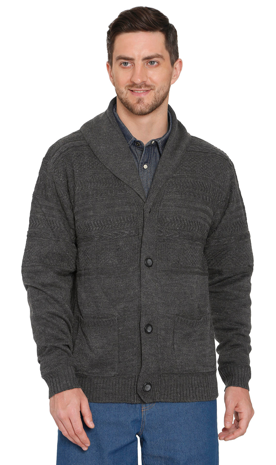 Men's Jacquard Knit Shawl Collar Cardigan in Burgundy or Charcoal