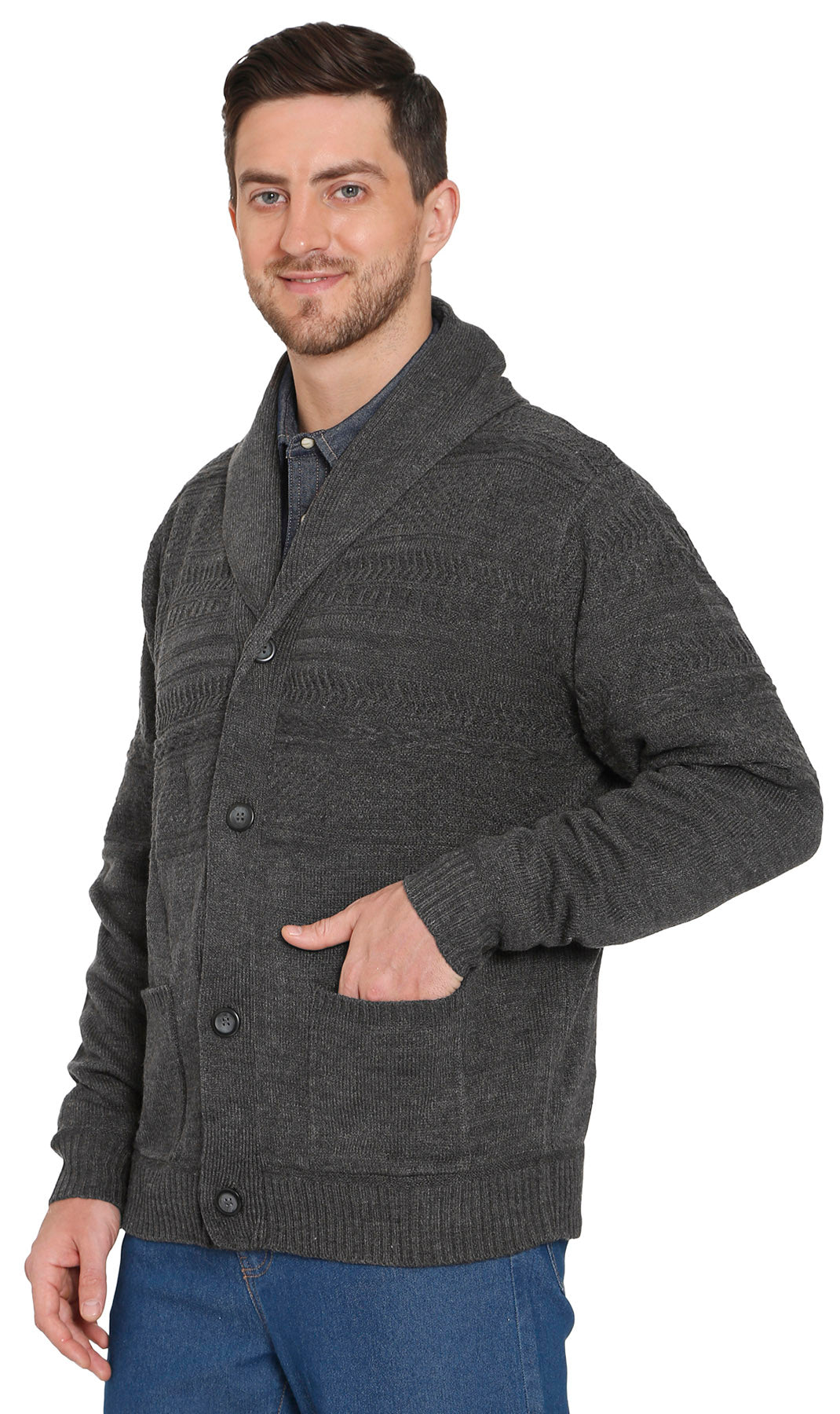 Men's Jacquard Knit Shawl Collar Cardigan in Burgundy or Charcoal