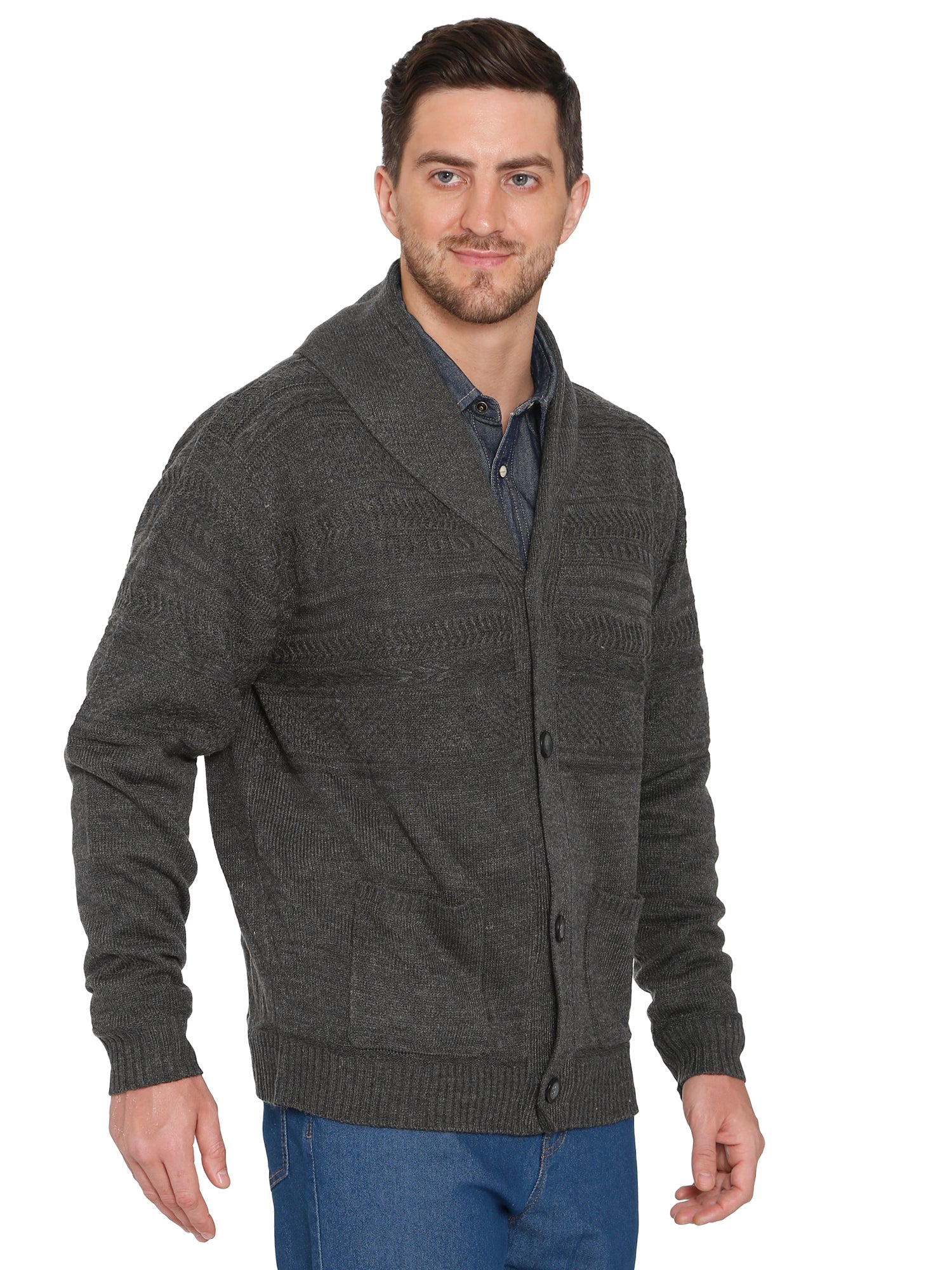 Men's Jacquard Knit Shawl Collar Cardigan in Burgundy or Charcoal