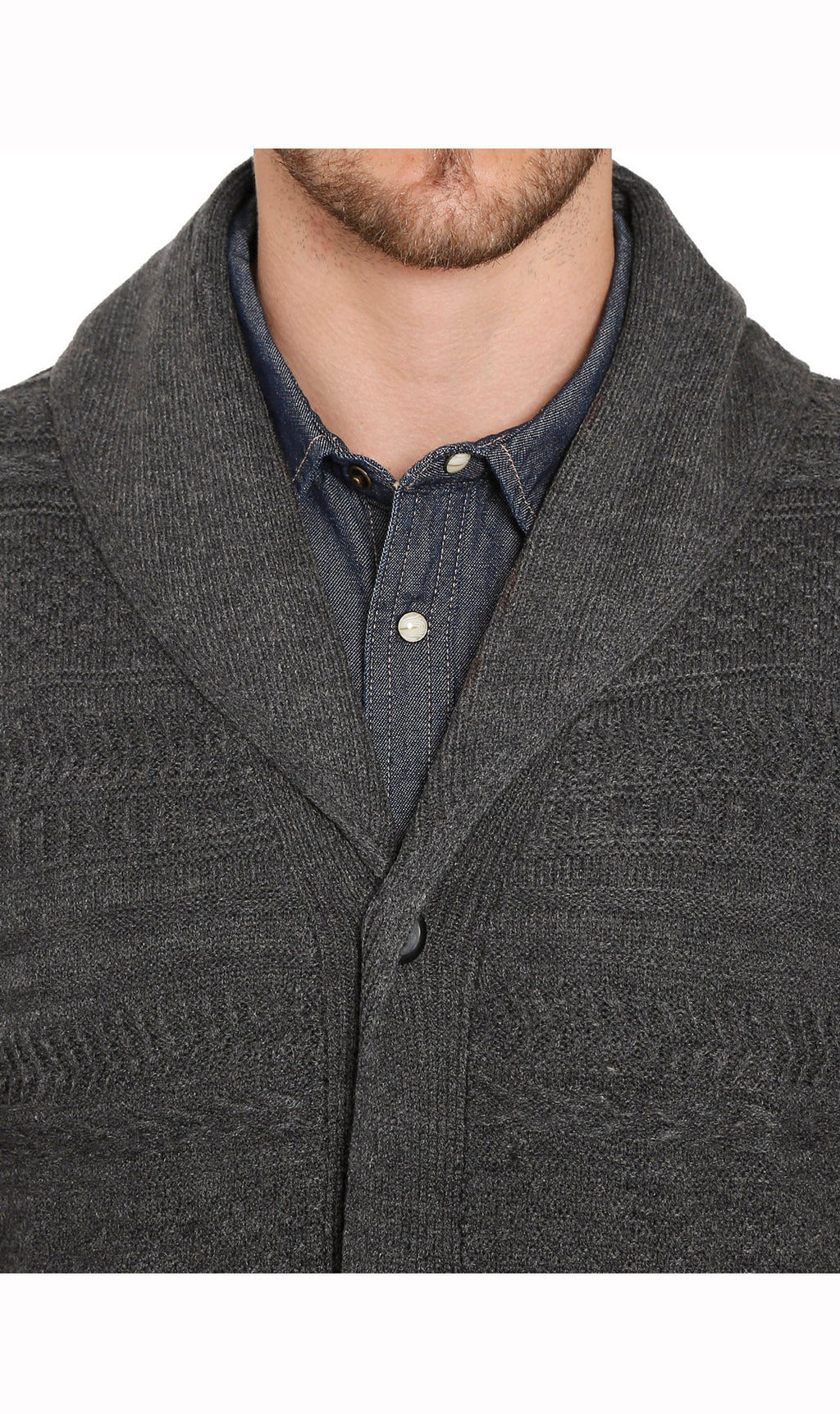 Men's Jacquard Knit Shawl Collar Cardigan in Burgundy or Charcoal
