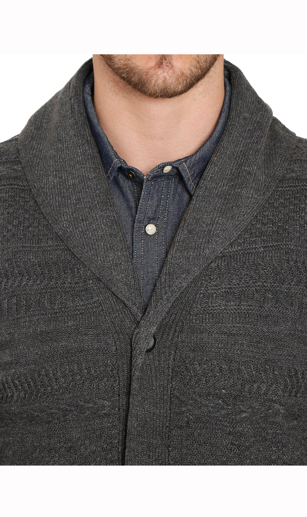 Men's Jacquard Knit Shawl Collar Cardigan in Burgundy or Charcoal