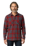 Men's plaid heathered fleece overshirt with button front and dual chest pockets.