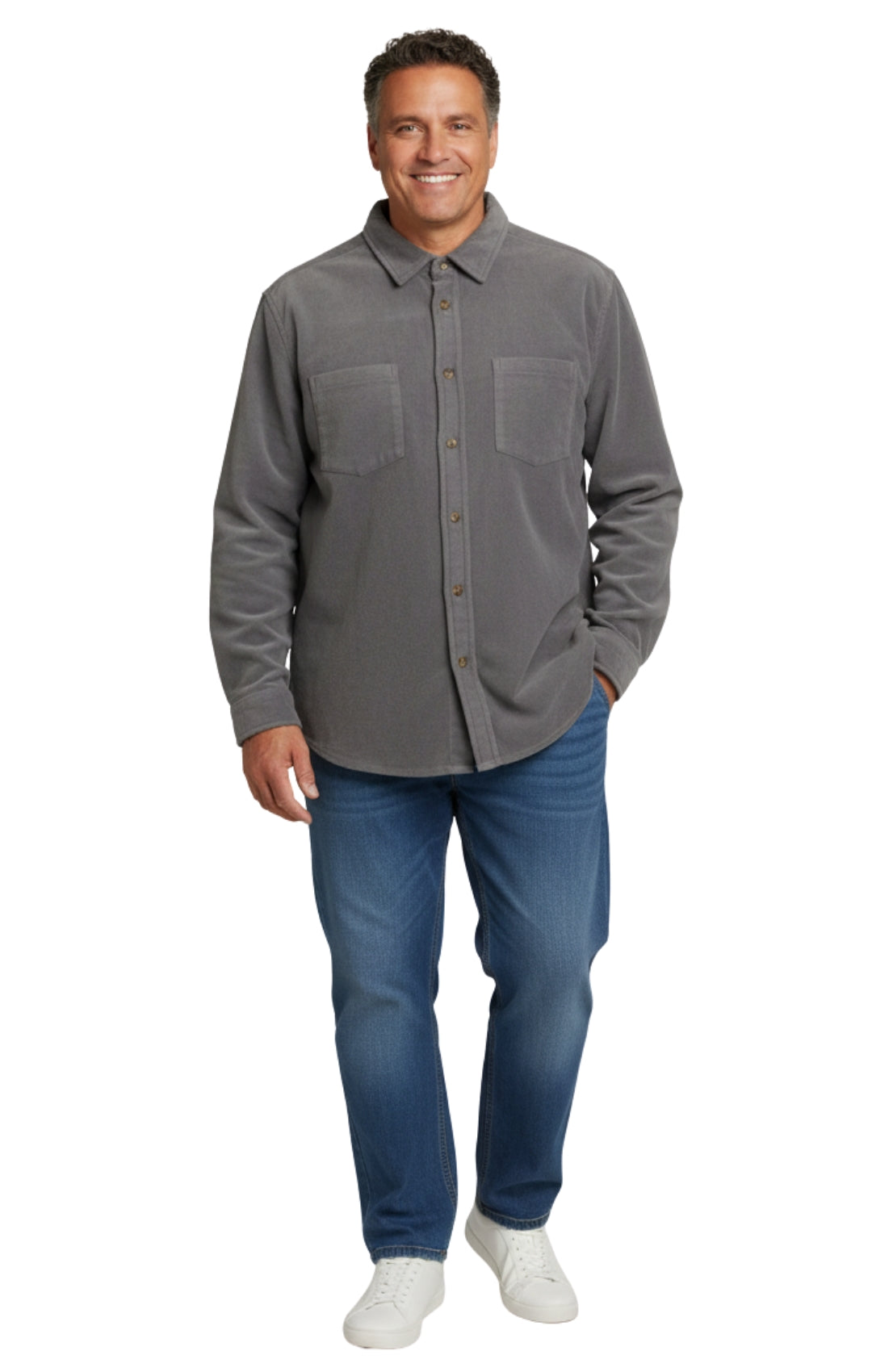 Men's Heathered Fleece Button-Front Overshirt with Pockets