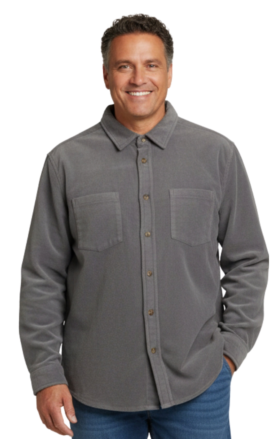 Men's Heathered Fleece Button-Front Overshirt with Pockets