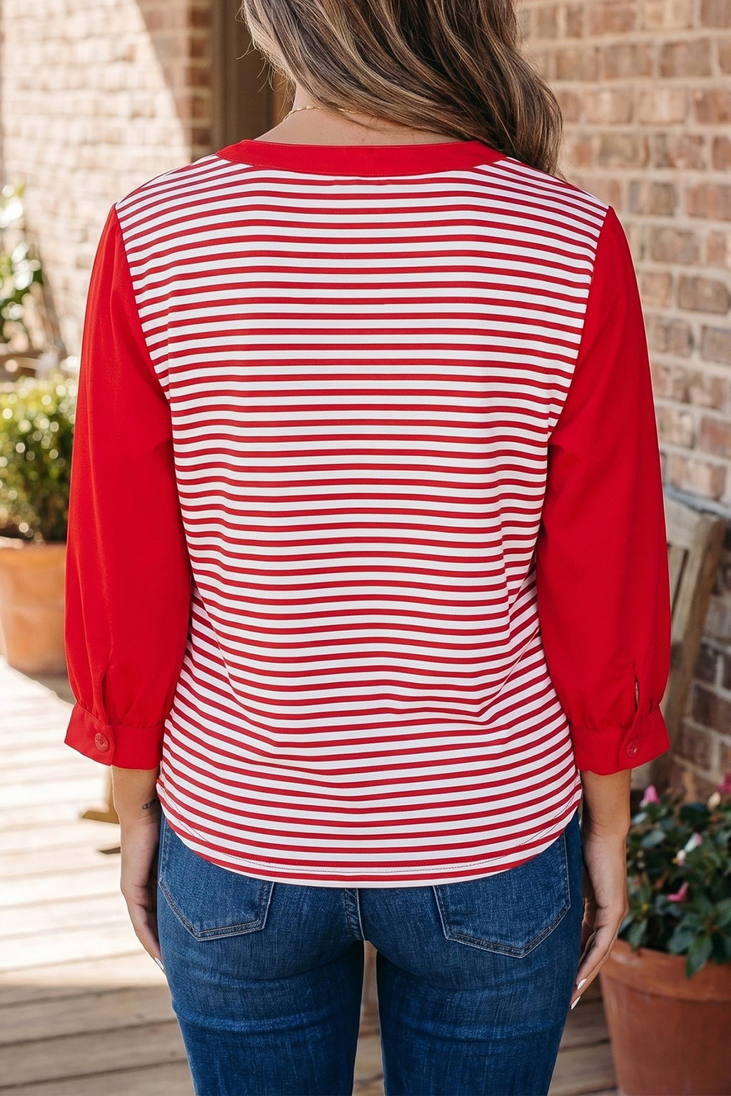 Wrenley Striped 3/4 Sleeve Patchwork Top with Split Neck