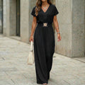 Women's V-Neck Belted Wide-Leg Jumpsuit in Navy Pink Black - Image 3