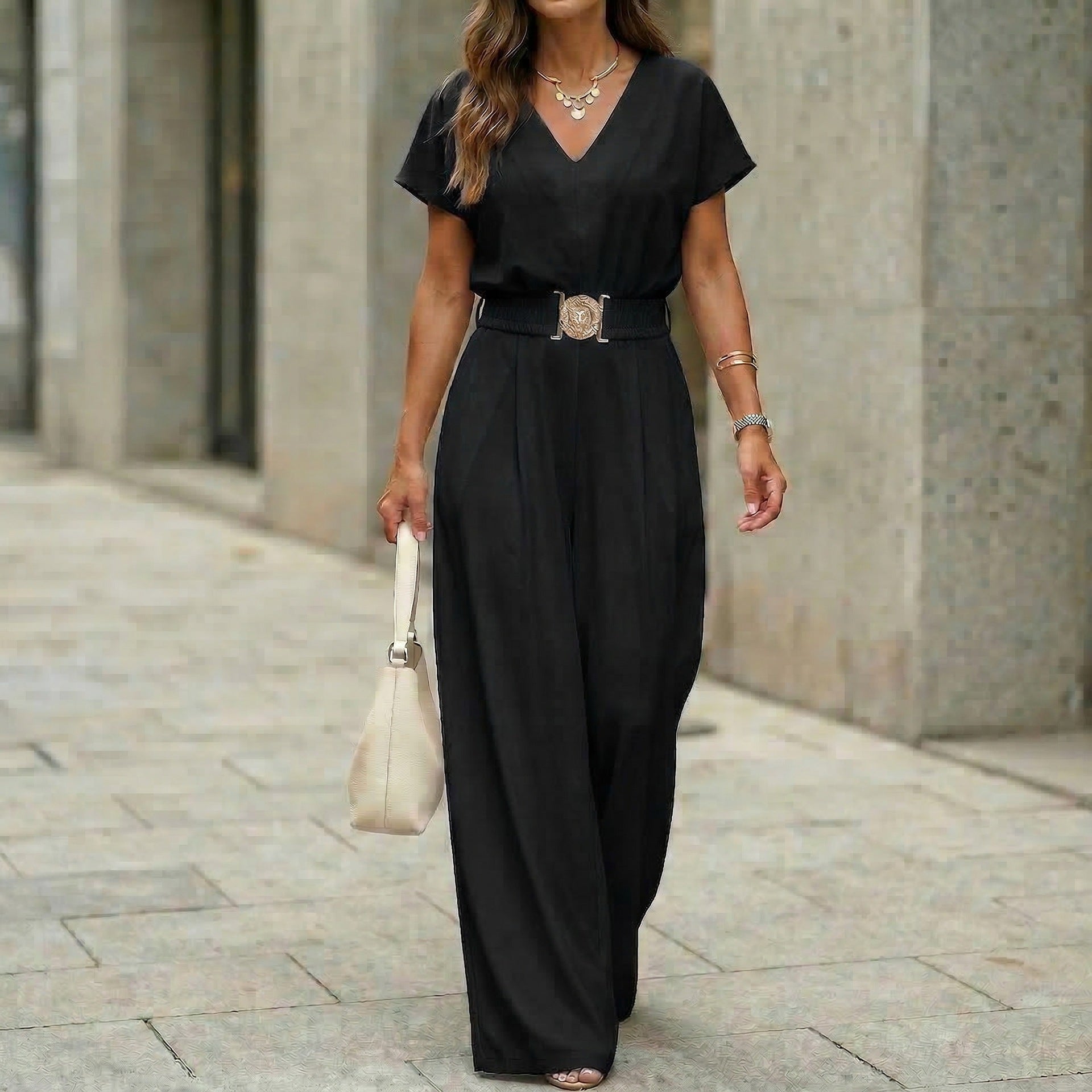 Women's V-Neck Belted Wide-Leg Jumpsuit in Navy Pink Black - Image 3