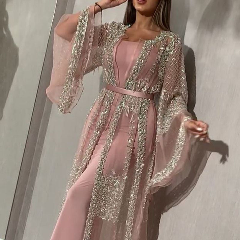 Women Clothing Independent Stand Bronzing Sexy Shawl Two Piece Cocktail Evening Dress