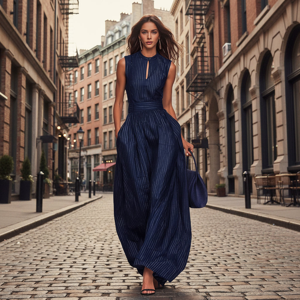 A woman wearing a sleeveless navy blue jumpsuit with white vertical stripes and wide legs, featuring a high neckline and side pockets.