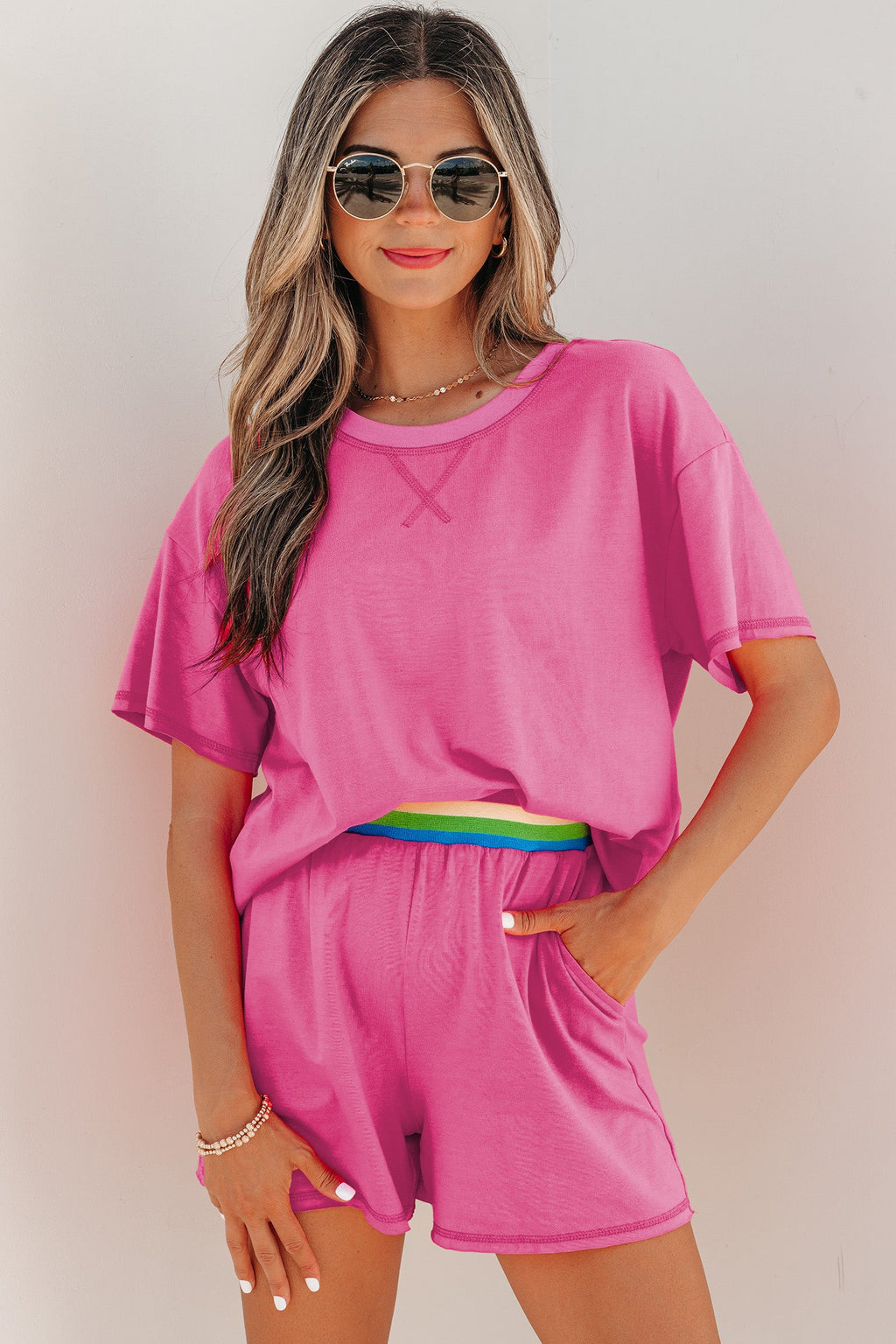Solid Tee & Stipe Waistband Short Set