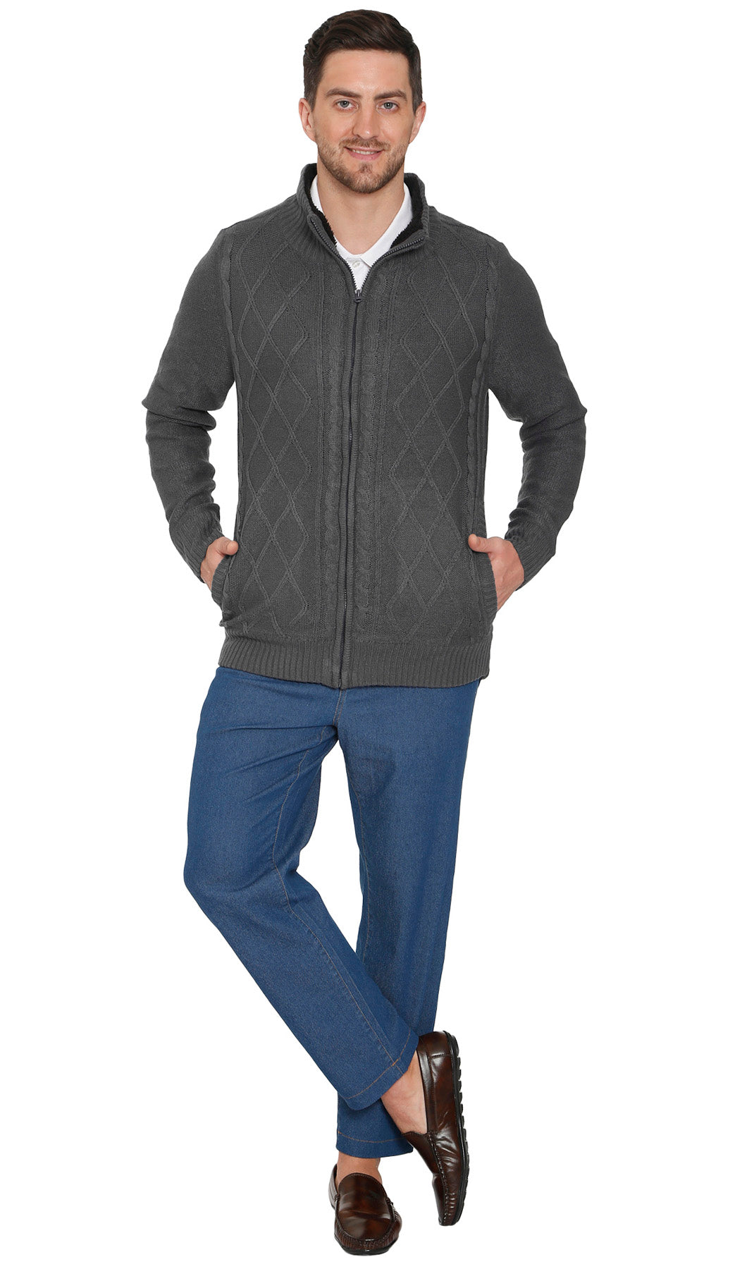 Men's Charcoal Grey Sherpa Fleece Lined Zip Front Sweater Jacket