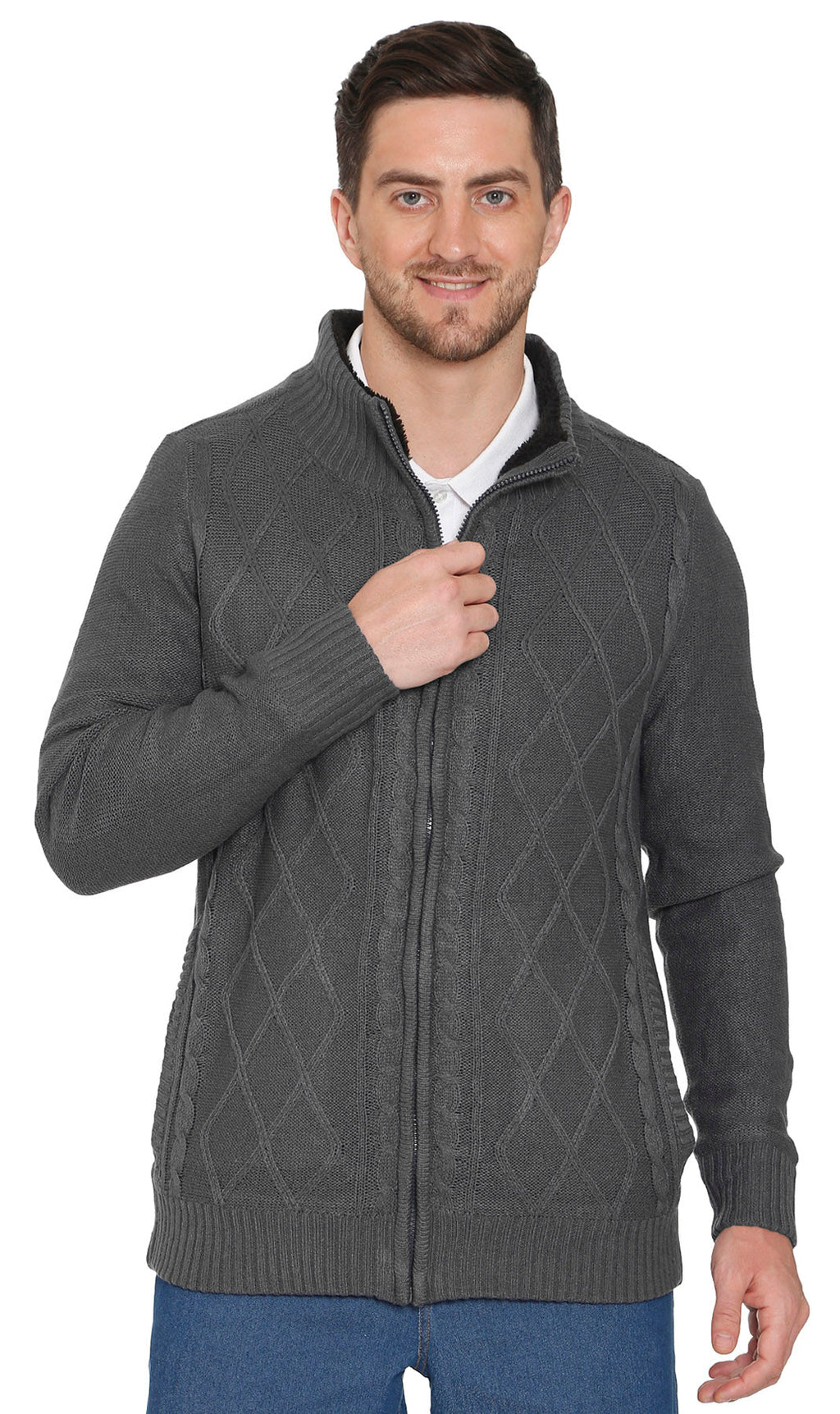 Men's charcoal grey zip-front sweater jacket with sherpa fleece lining and geometric knit pattern