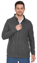 Men's charcoal grey zip-front sweater jacket with sherpa fleece lining and geometric knit pattern