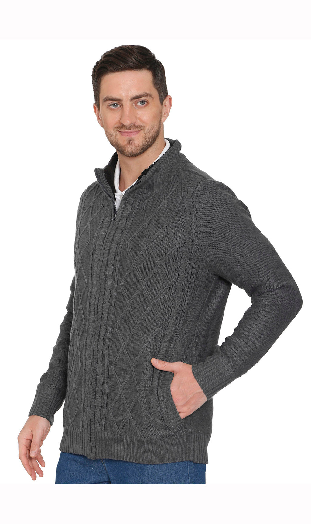 Men's Charcoal Grey Sherpa Fleece Lined Zip Front Sweater Jacket