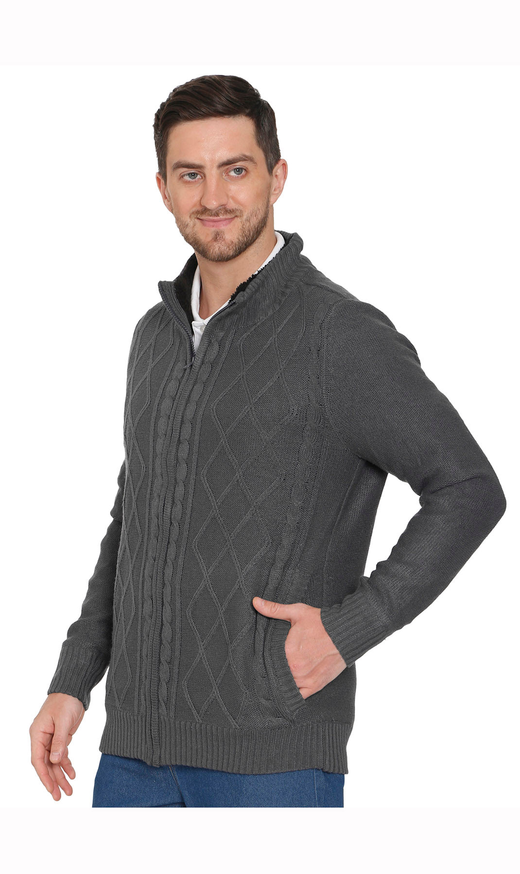 Men's Charcoal Grey Sherpa Fleece Lined Zip Front Sweater Jacket