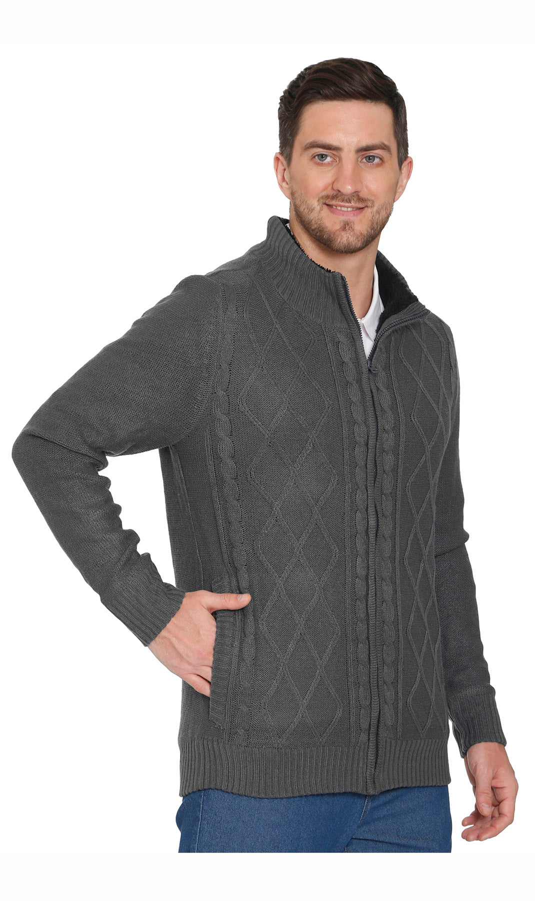 Men's Charcoal Grey Sherpa Fleece Lined Zip Front Sweater Jacket