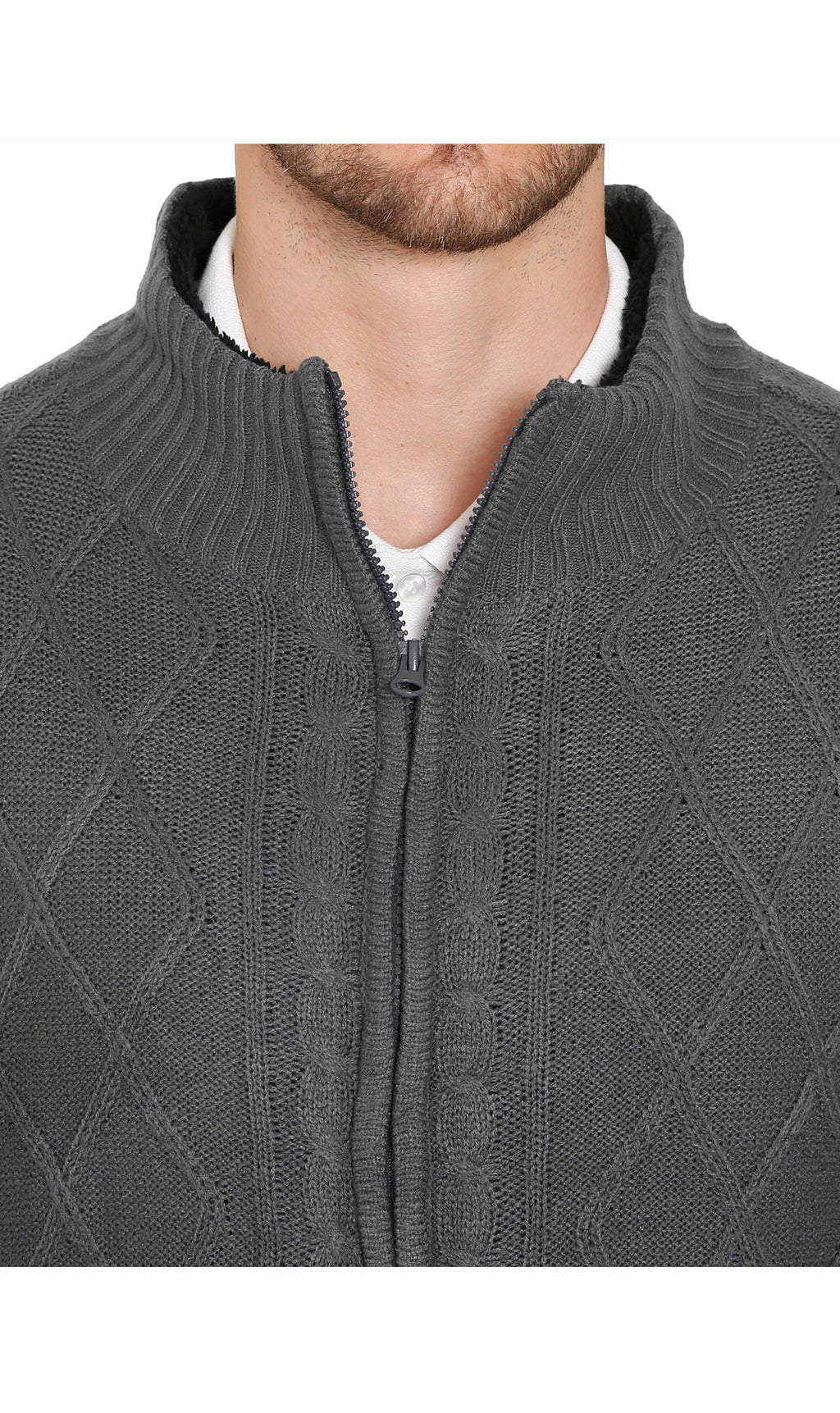 Men's Charcoal Grey Sherpa Fleece Lined Zip Front Sweater Jacket