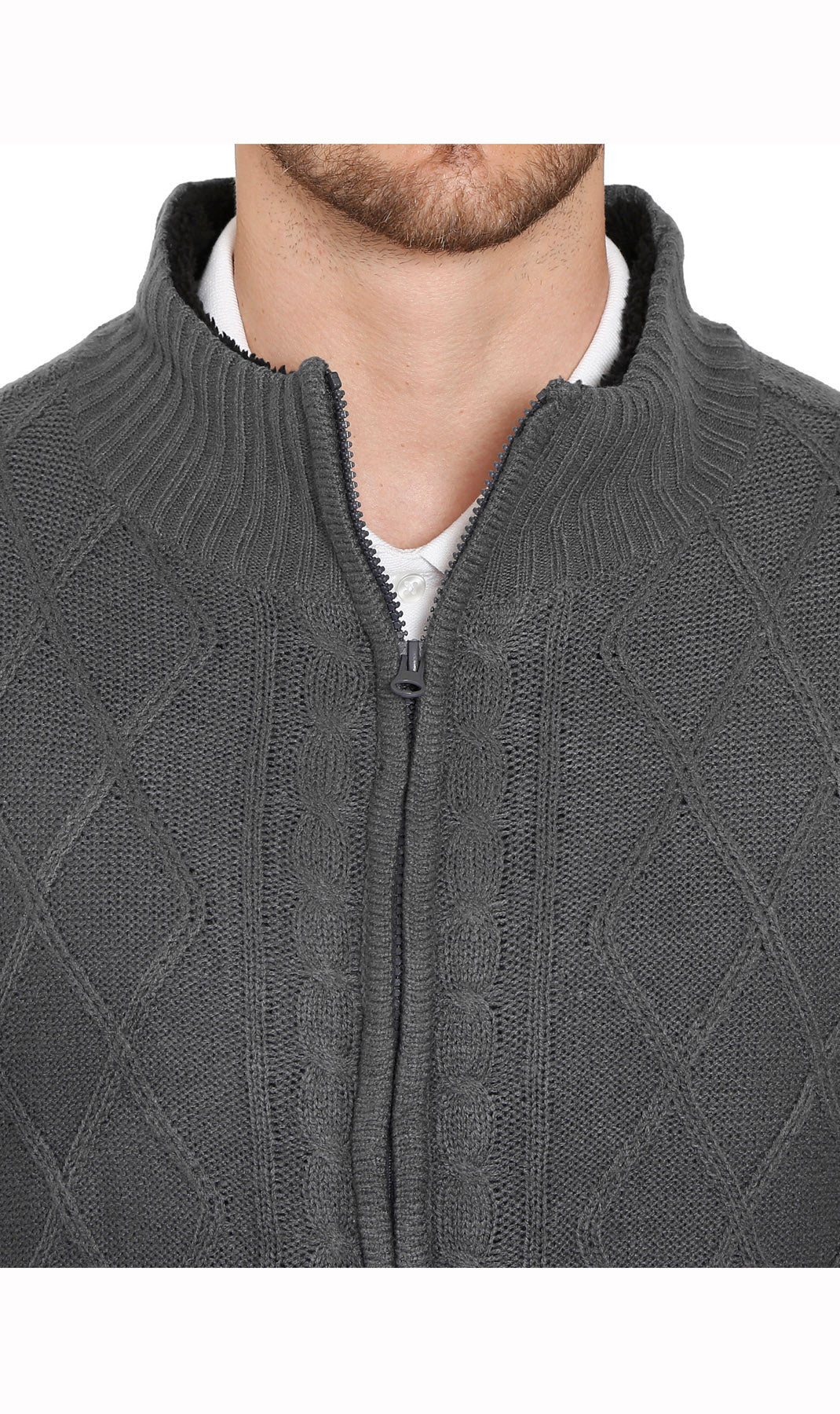 Men's Charcoal Grey Sherpa Fleece Lined Zip Front Sweater Jacket