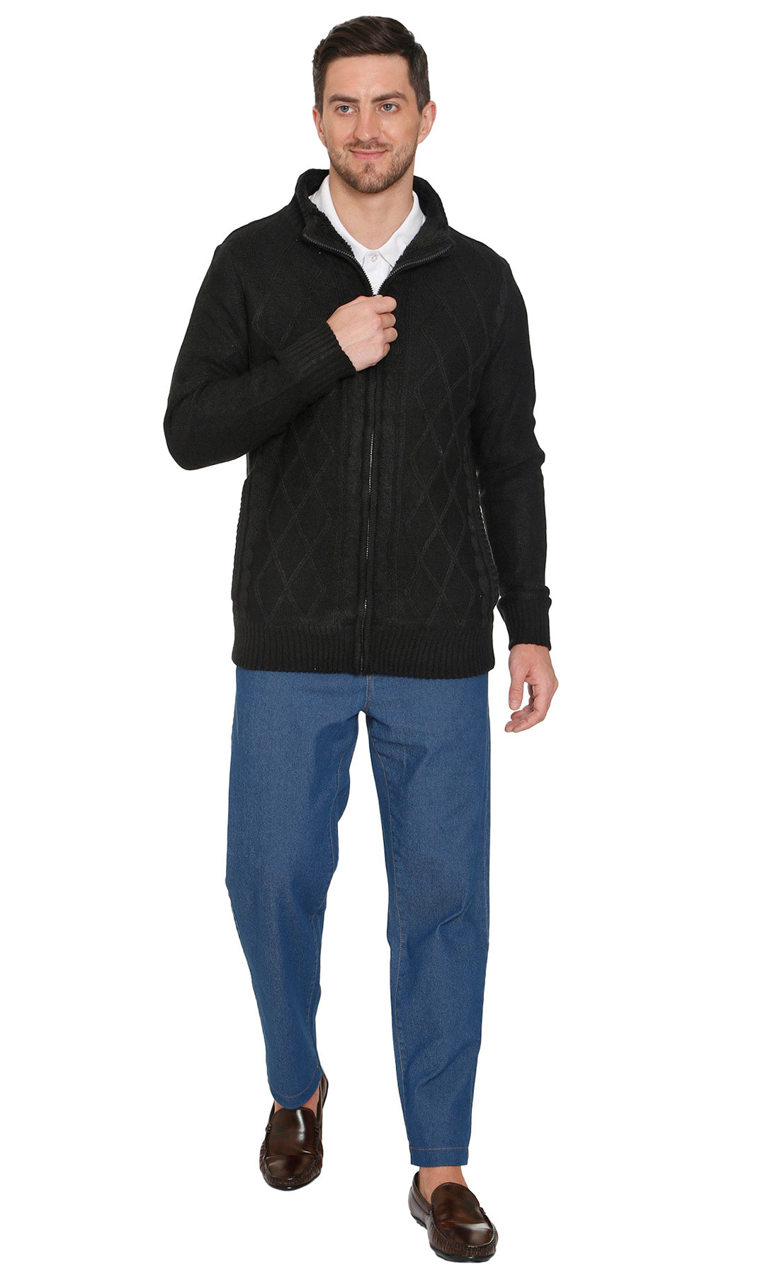 Men's Charcoal Grey Sherpa Fleece Lined Zip Front Sweater Jacket