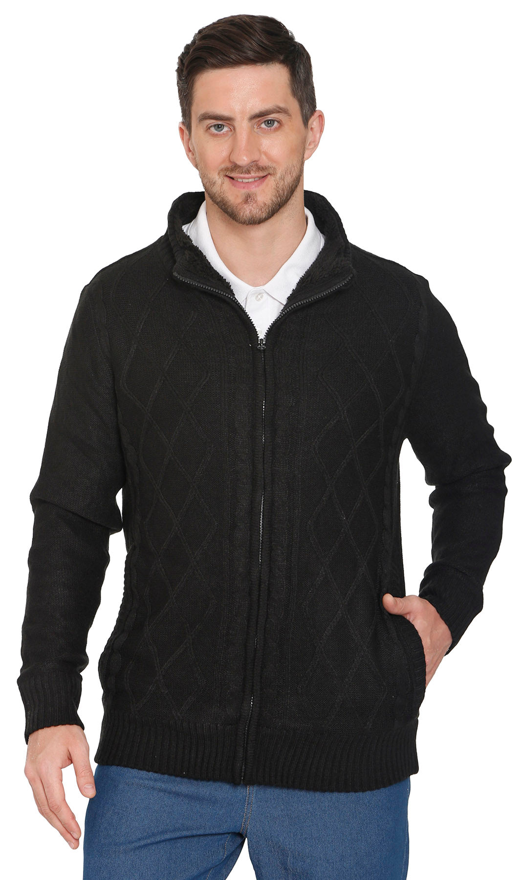 Men's Charcoal Grey Sherpa Fleece Lined Zip Front Sweater Jacket