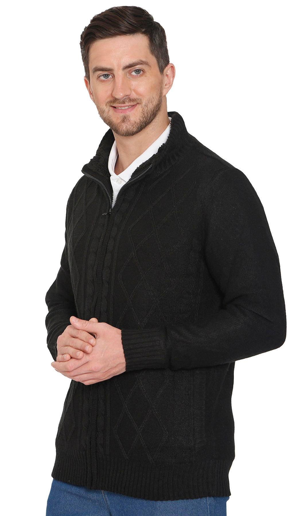 Men's Charcoal Grey Sherpa Fleece Lined Zip Front Sweater Jacket