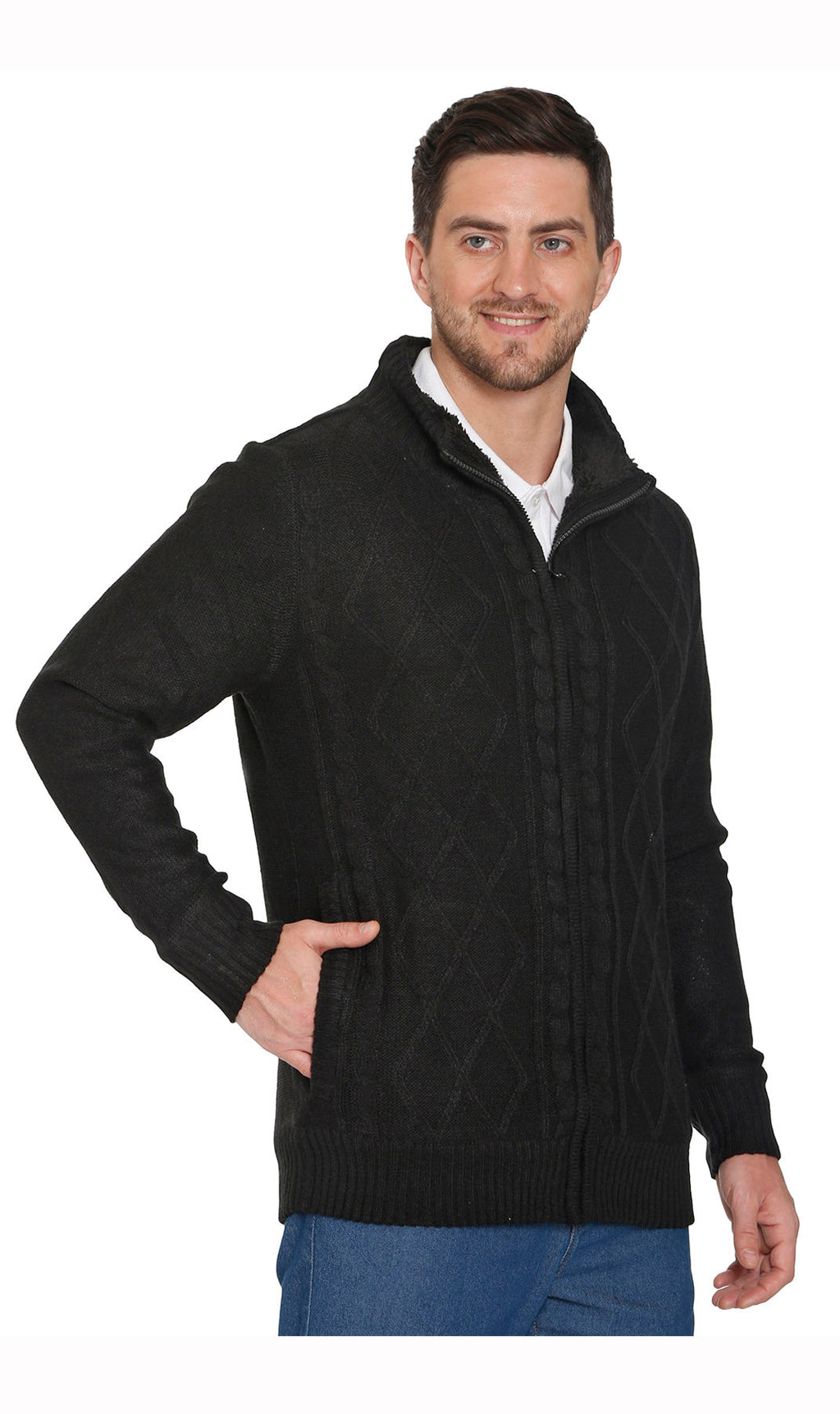 Men's Charcoal Grey Sherpa Fleece Lined Zip Front Sweater Jacket