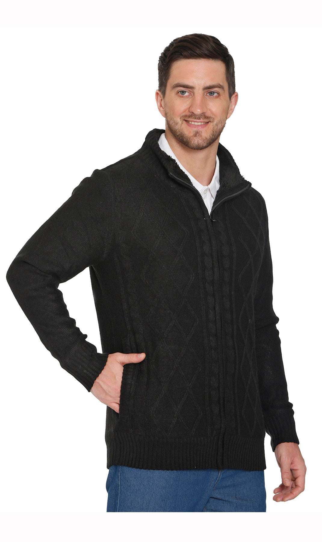 Men's Charcoal Grey Sherpa Fleece Lined Zip Front Sweater Jacket