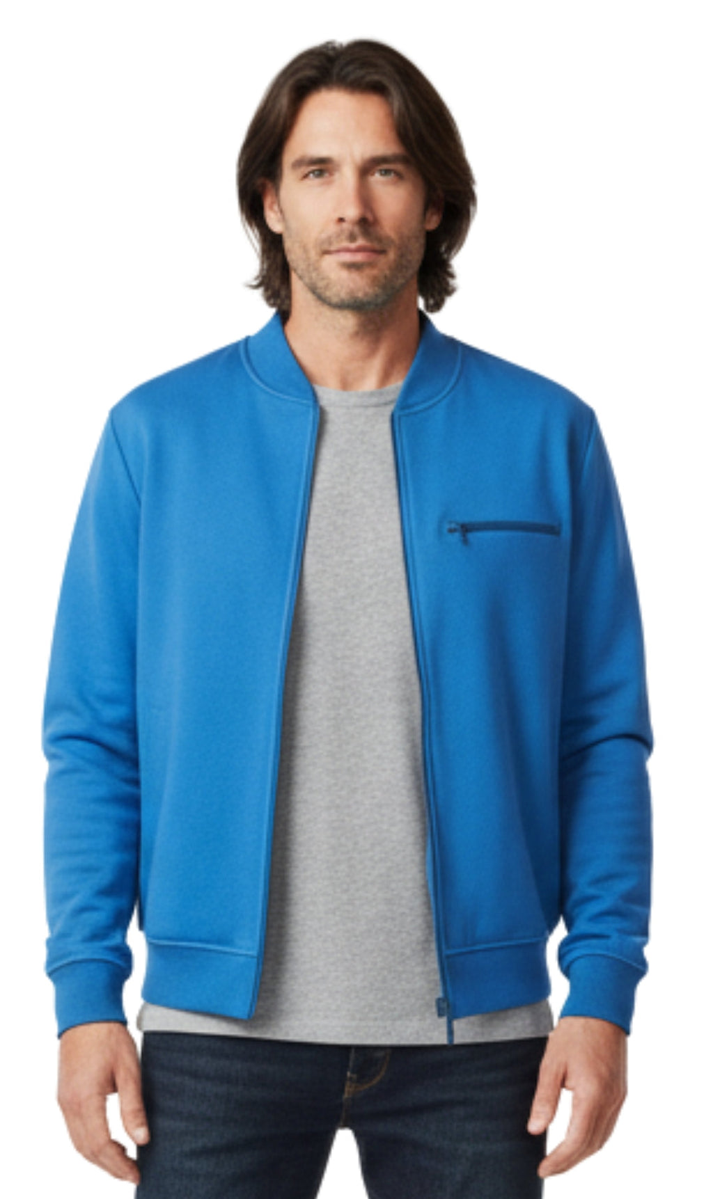 Men's lightweight cotton blend baseball-inspired zip-up fleece jacket in solid color