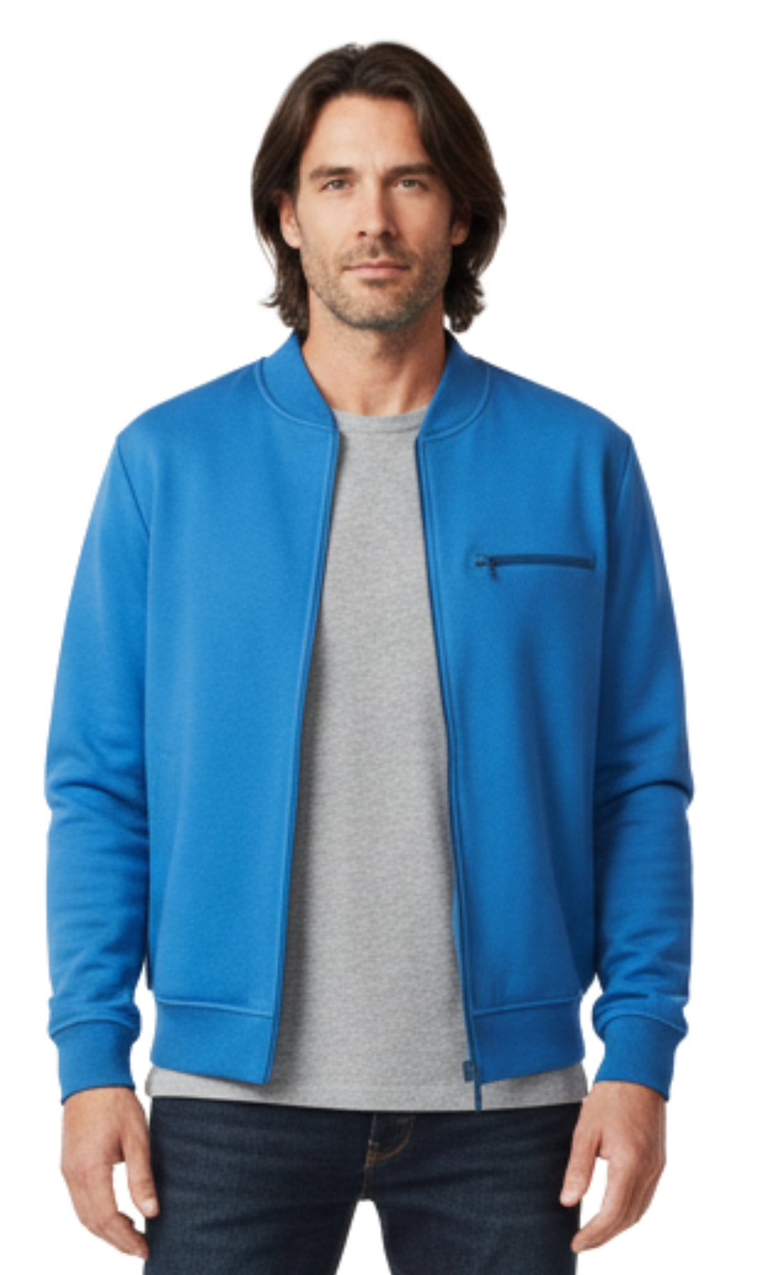 Men's lightweight cotton blend baseball-inspired zip-up fleece jacket in solid color