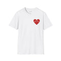 A white crewneck t-shirt featuring a red heart graphic on the left chest with the word MAMA written inside.