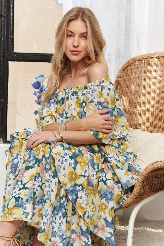 Layered Floral Off-Shoulder Maxi Dress for Romantic Summer